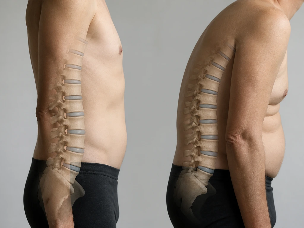 Minimal side-by-side view of an upright and slumped adult torso showing spine disc height loss.