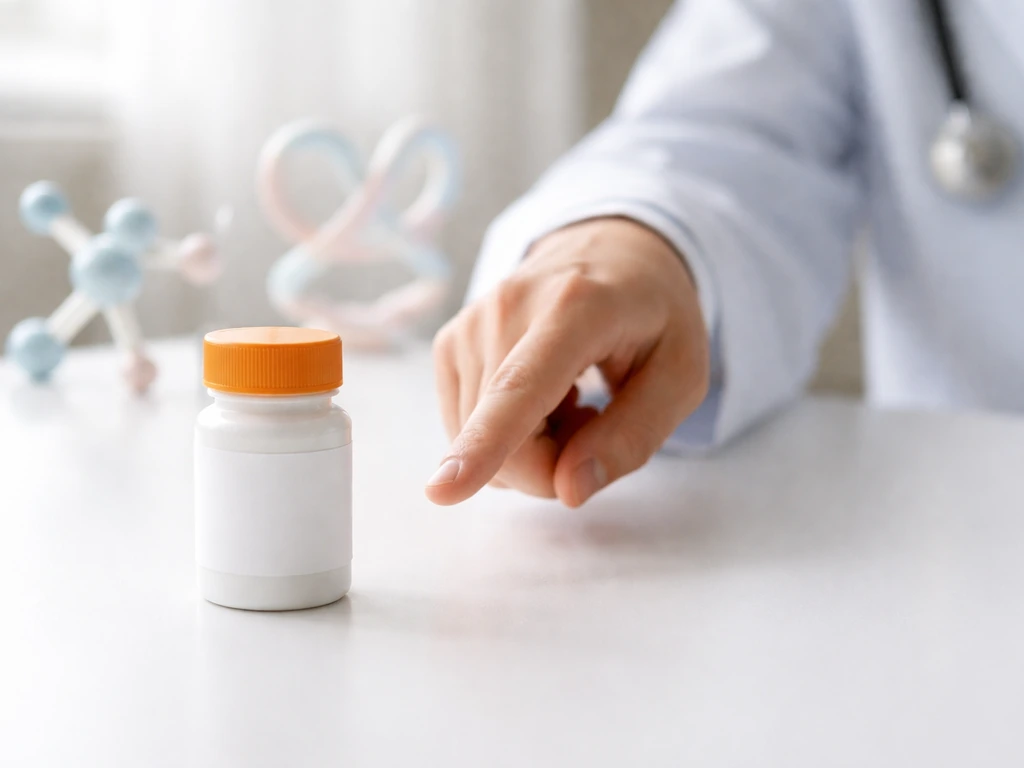Clinician hand gesturing beside a medication bottle with subtle hormone-themed icons in the background