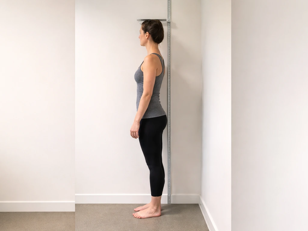 Person standing barefoot at a wall, using a right-angle height board and wall measuring tape for morning measurement.