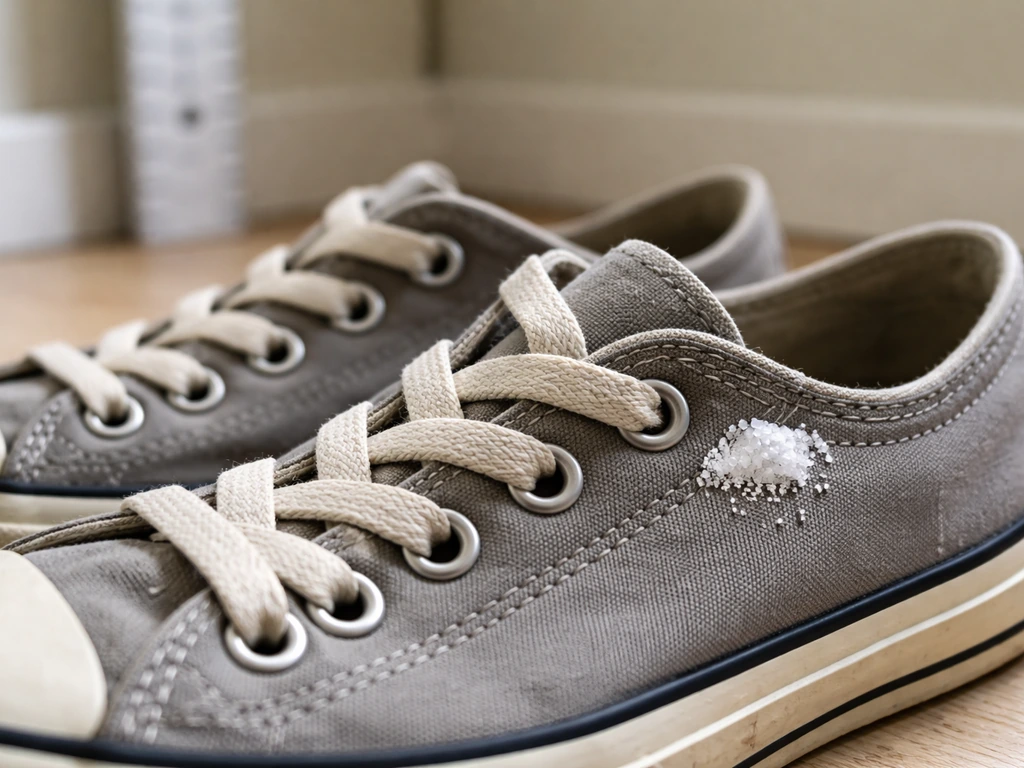 Close-up of shoes with a small pinch of salt nearby, with a subtle height measuring tape in the background.