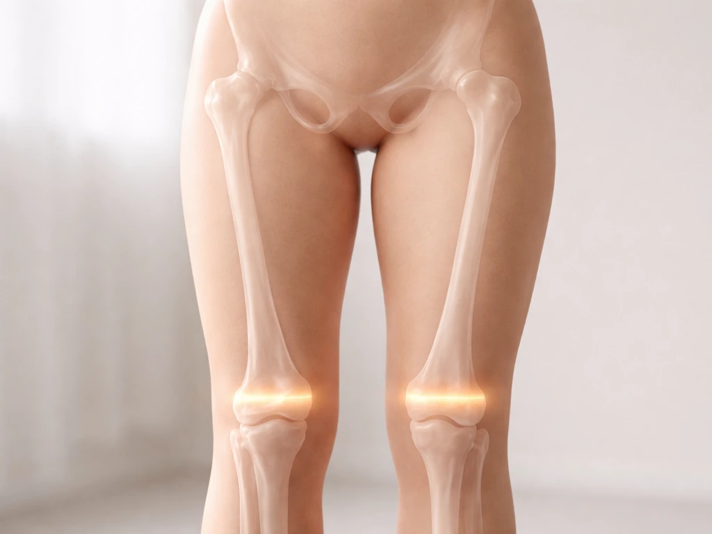 Minimal clinical close-up of a leg and long bones with subtle highlighted growth-plate zones.