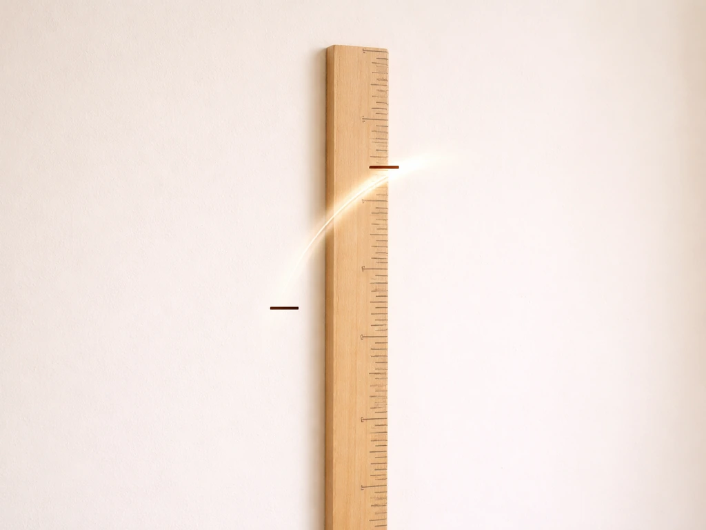 Simple wall-mounted height ruler with two blurred measurement markers and a growing visual arc, no people.