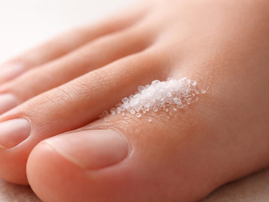 Close-up of bare foot skin with a tiny pinch of salt near the surface, showing limited absorption