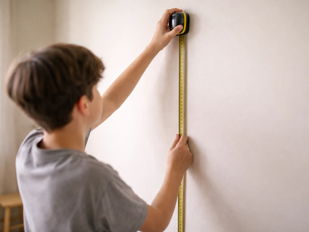 Teen measuring their height with a tape measure on a wall, simple growth-height setup