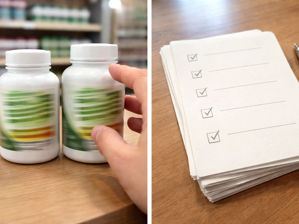 Split-style photo showing herbal supplement bottles with bold claims and a neutral evidence sheet with checkmarks, no te