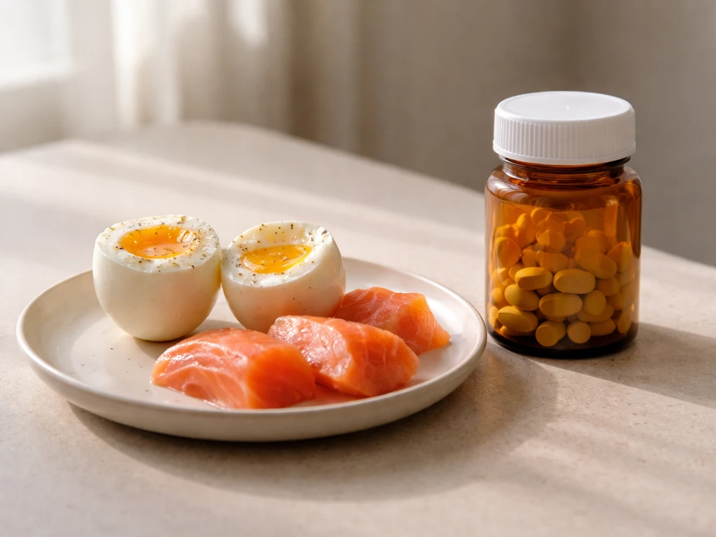 Tabletop shot of eggs, salmon, and an unlabeled vitamin D bottle with tablets.