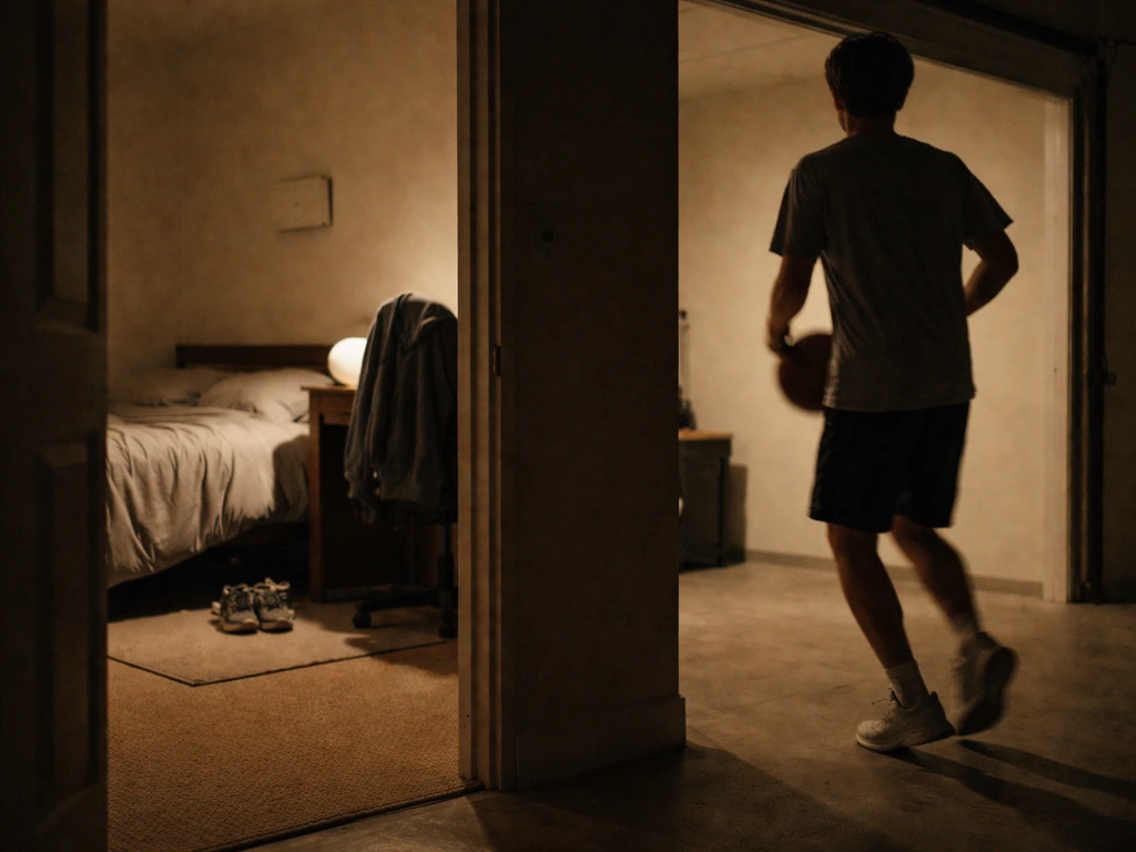 Teen bedtime room in dim light with sneakers by the bed and an anonymous workout moment nearby.