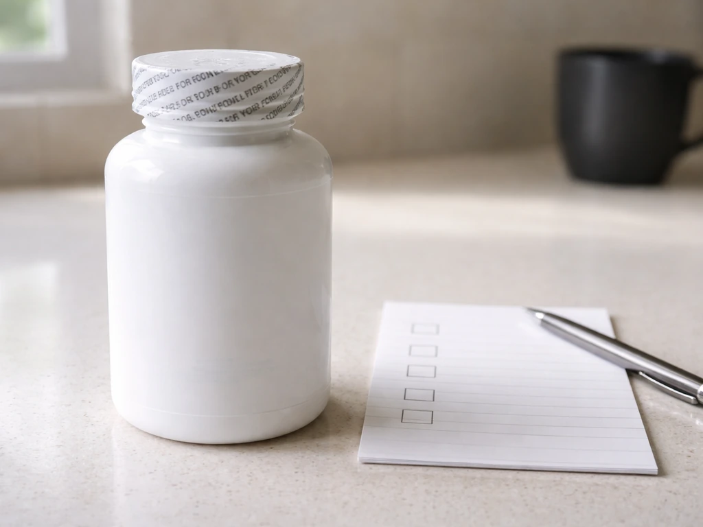 Close-up of supplement bottle with a clear tamper-evident seal and quality cue details on a clean countertop.