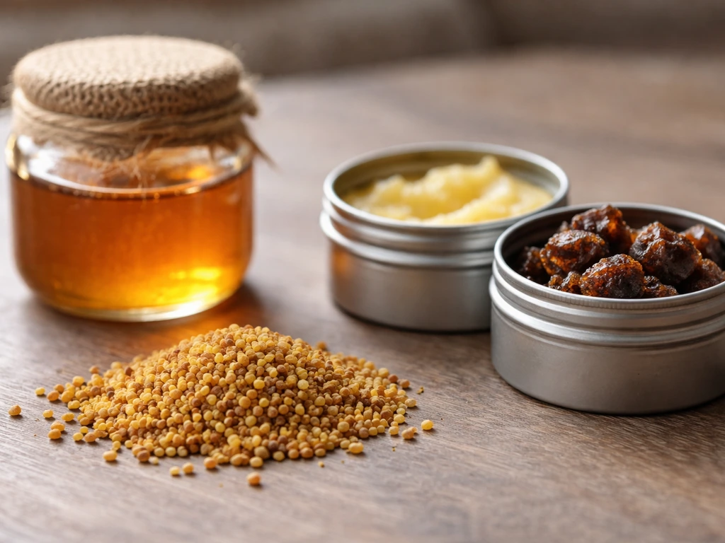 Bee pollen granules beside a small jar of honey and a separate container of beeswax/propolis-like items