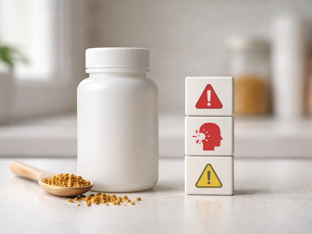 Bee pollen supplement container beside allergy warning icons in a minimal, safety-focused scene.