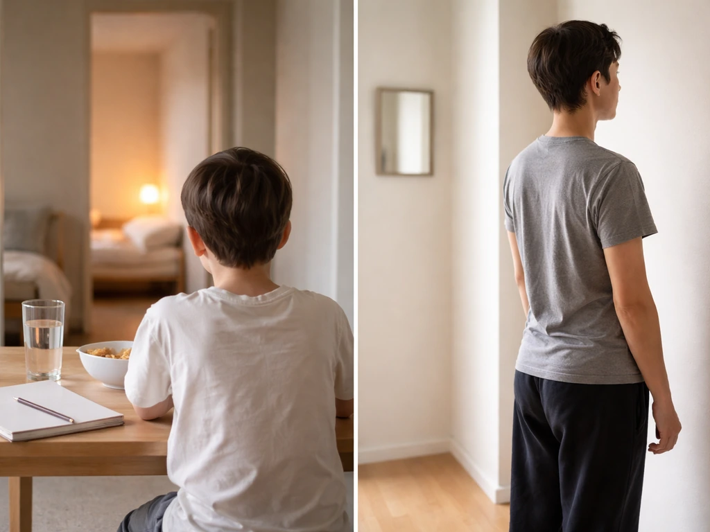 Two-panel photo: child eats at table, adult stands with good posture against a wall, no text.