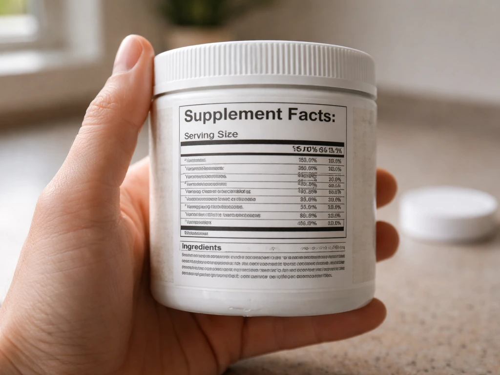 Close-up of a supplement powder container label being read, showing ingredient list and supplement facts panel.