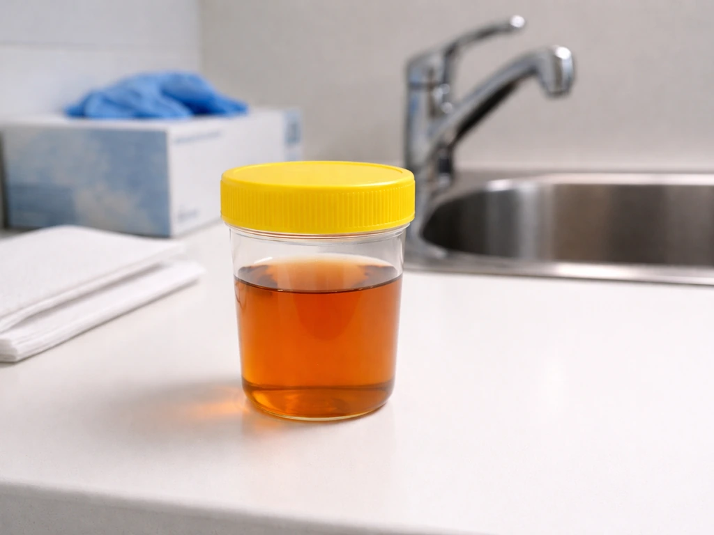 Amber-dark urine in a laboratory-style collection container beside a clinical sink