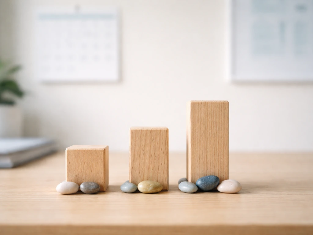 Minimal photo showing three age groups represented by a simple growth-steps timeline backdrop in an office setting