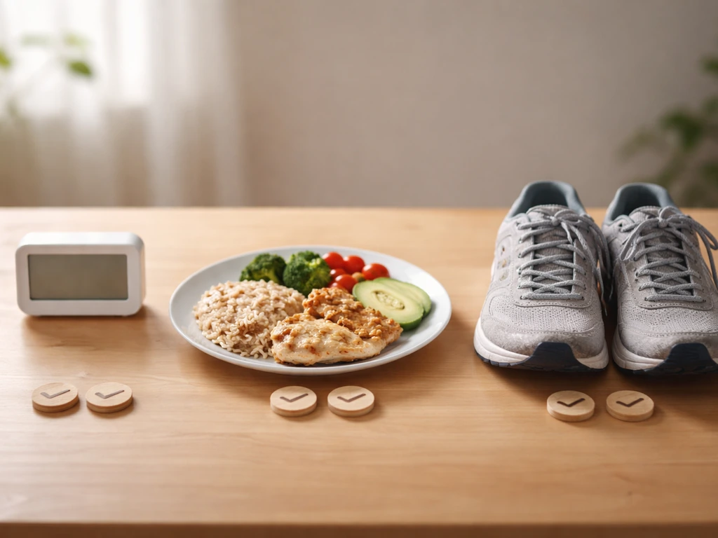 Minimal desk still life showing balanced meal, shoes, and a small timer for healthy growth support