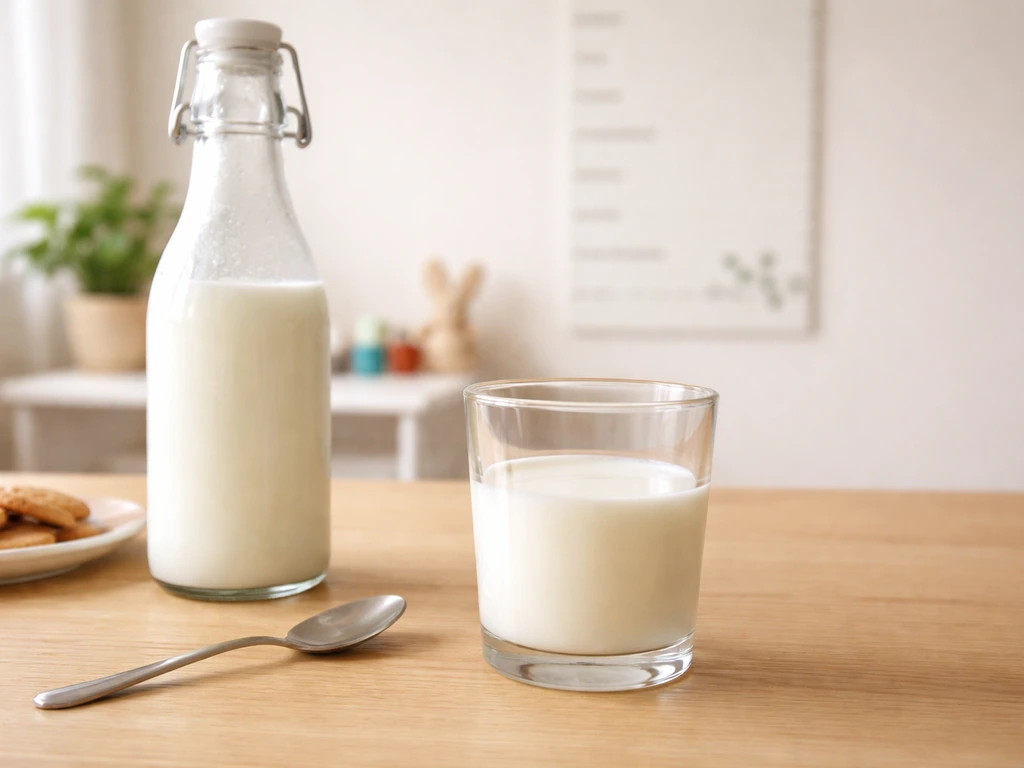 Glass of lactose-free milk on a table beside a kid height-growth wall chart backdrop
