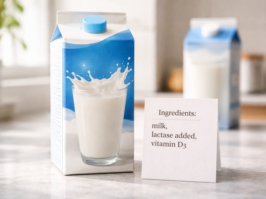 Close-up of a lactose-free milk carton beside a handwritten-style ingredient label with lactase-added wording.