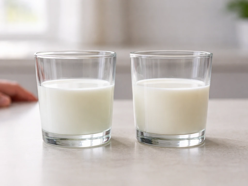 Two identical glasses of lactose-free and regular milk side by side on a kitchen counter.
