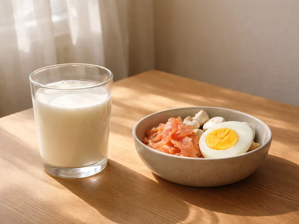Glass of fortified milk by a sunlit window with a small bowl of vitamin D–rich food beside it.