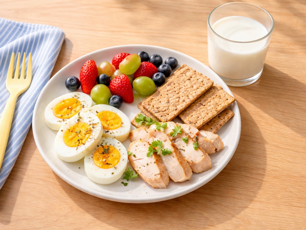 Balanced meal plate with protein foods and a glass of milk to suggest adequate daily intake support.