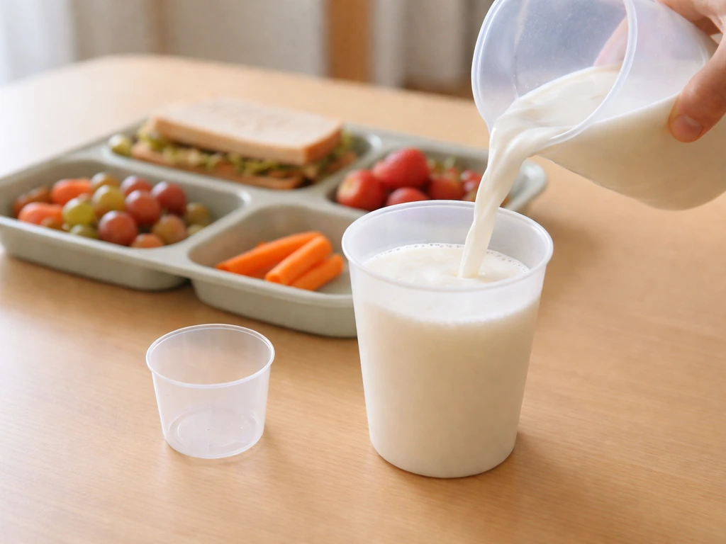 Child’s simple lunch tray with a cup of Lactaid milk and a measuring jug for portioning.