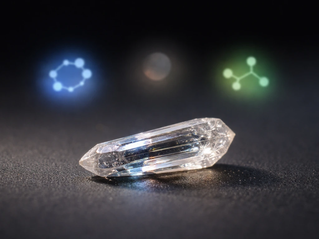 Macro photo of L-arginine crystal with subtle abstract glow icons hinting urea cycle and nitric oxide pathways