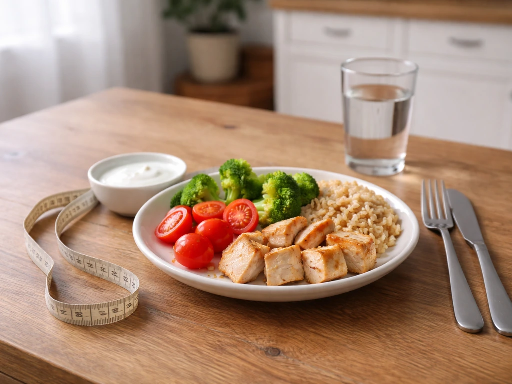 Balanced meal with protein-rich foods on a wooden table, with a measuring tape beside it in natural light.