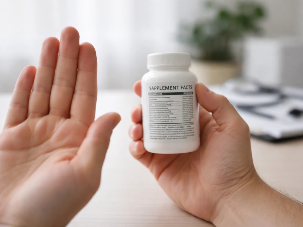 Hand holding an L-arginine supplement bottle label while a clinician’s hand gestures caution nearby.