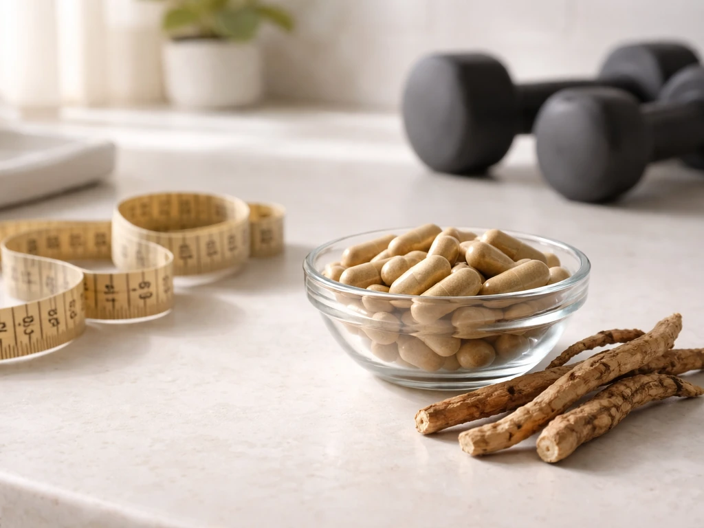 Ashwagandha capsules with roots on a counter, with a curled tape measure and blurred dumbbells in background.