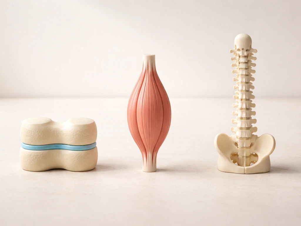 Three minimal medical and anatomy-style props on a table showing height growth, muscle, and posture alignment.