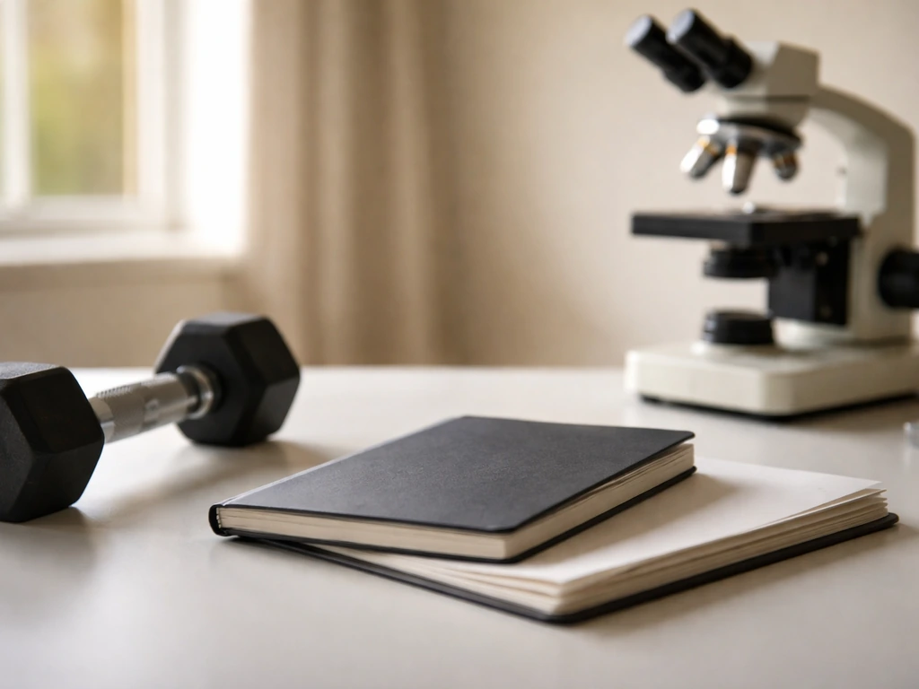 Minimal desk scene showing a notebook and a dumbbell beside a softly lit microscope, symbolizing human evidence for musc