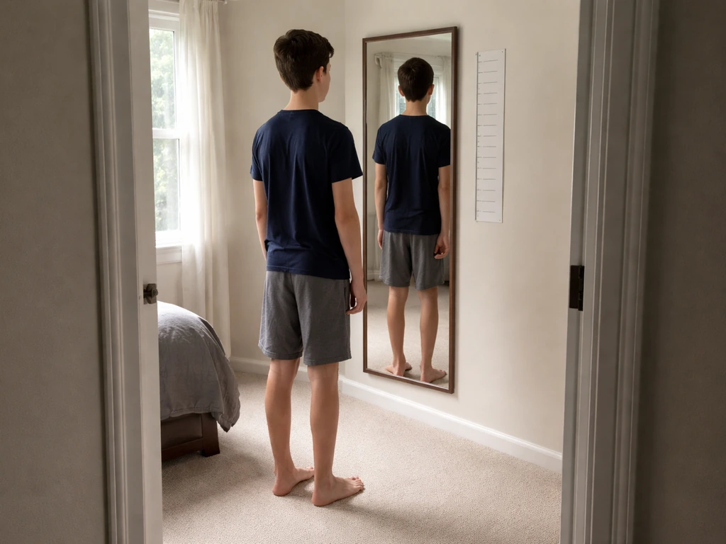 Teen standing in front of a mirror, checking posture and height with a simple wall height mark.