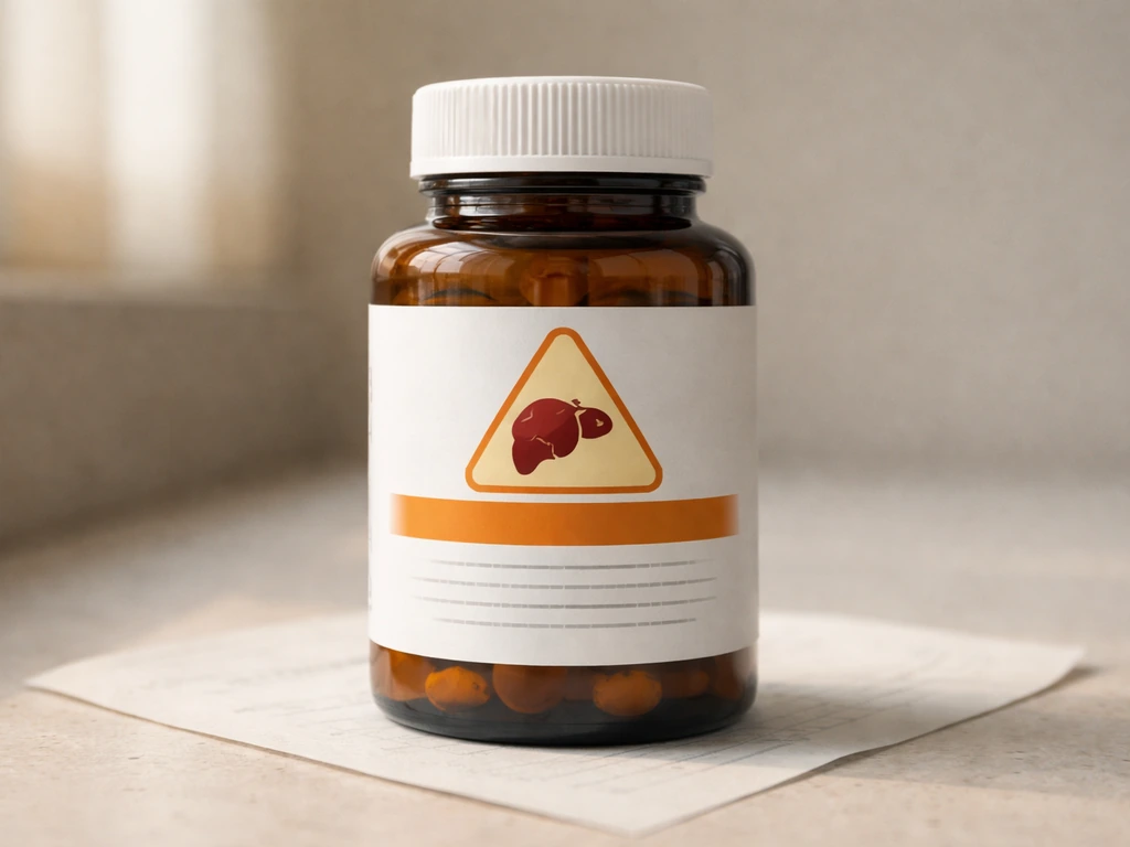 Amber supplement bottle with a liver warning icon, safety-focused medical vibe on a clean countertop.