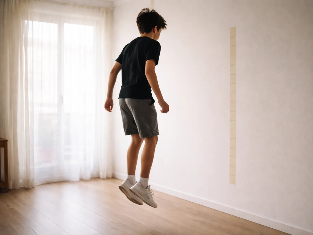 Anonymous teen jumping near a wall with blank height markers, suggesting how height changes are measured.