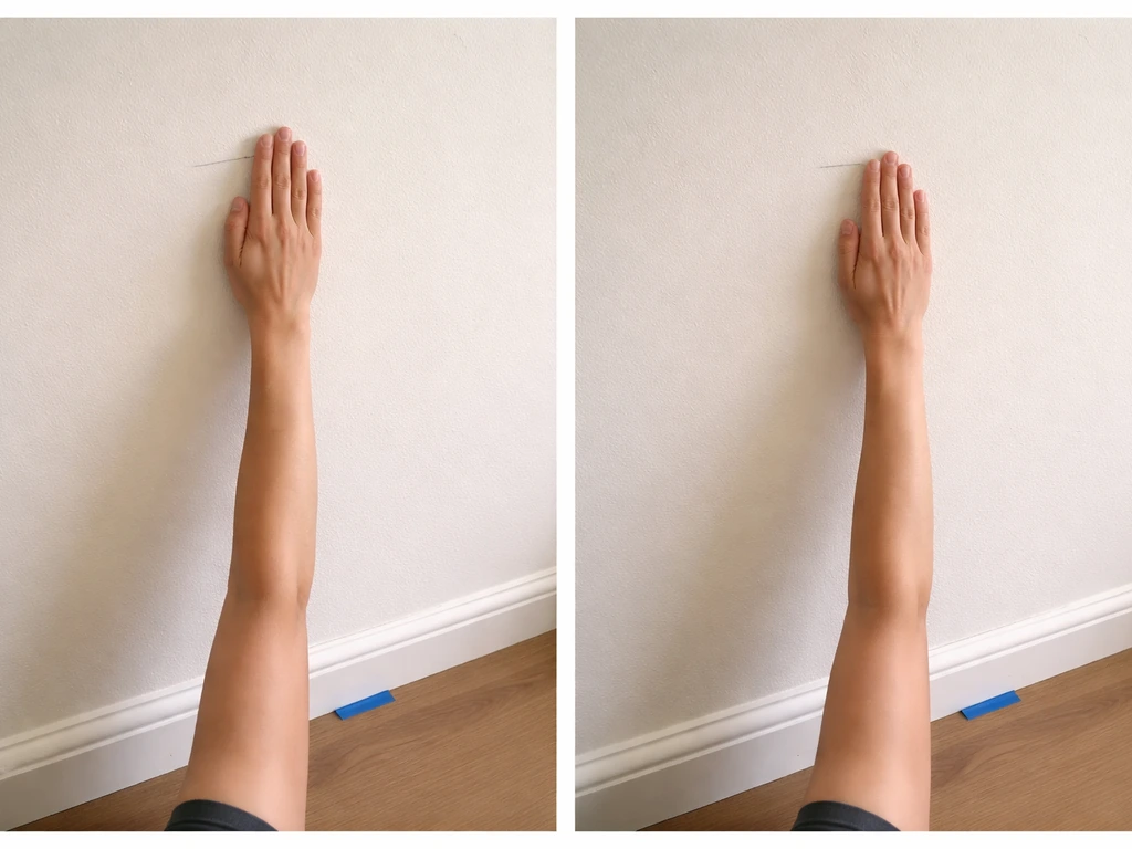 Anonymous arm with hand on a wall height marker before/after a jump, showing temporary measurement change.