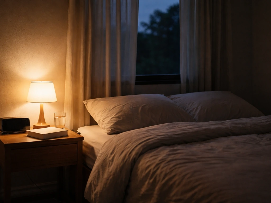 Minimal night bedroom with warm bedside lamp and dim alarm clock, suggesting deep sleep routine.