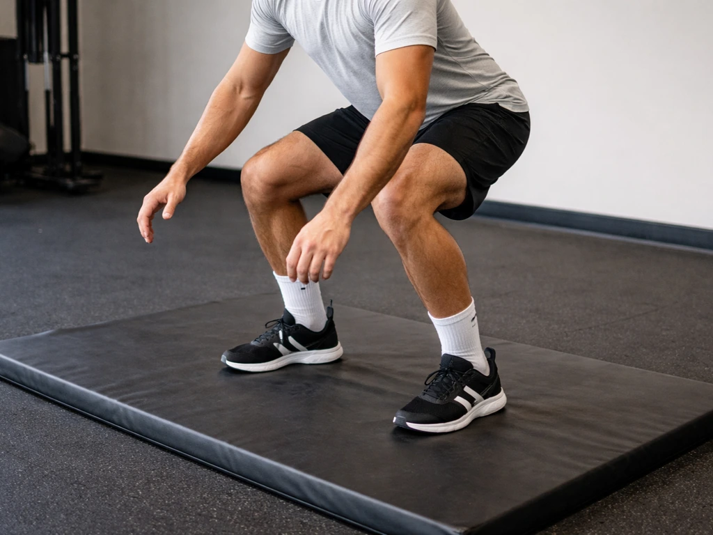 Athlete demonstrates safe jump landing with knees aligned over toes on a padded mat.
