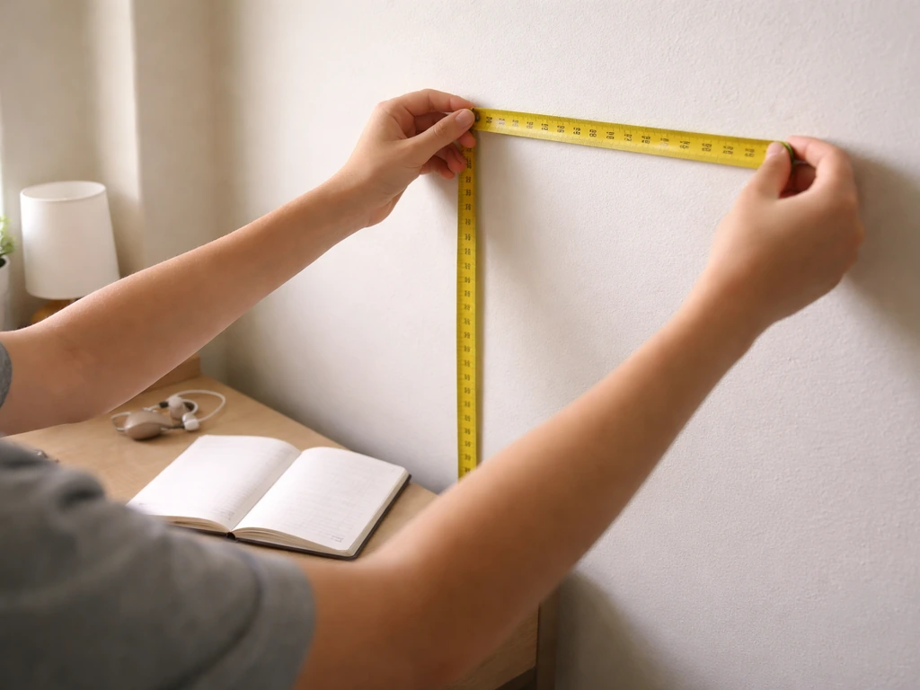 A teenager holds a measuring tape near a wall next to an open blank notebook for growth self-check.