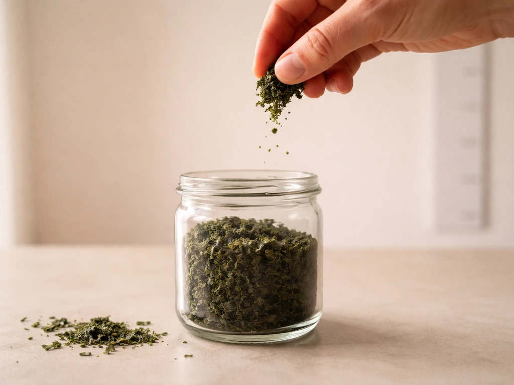 Sea moss jar and flakes on a table beside a simple height-measure wall scale, suggesting height growth.