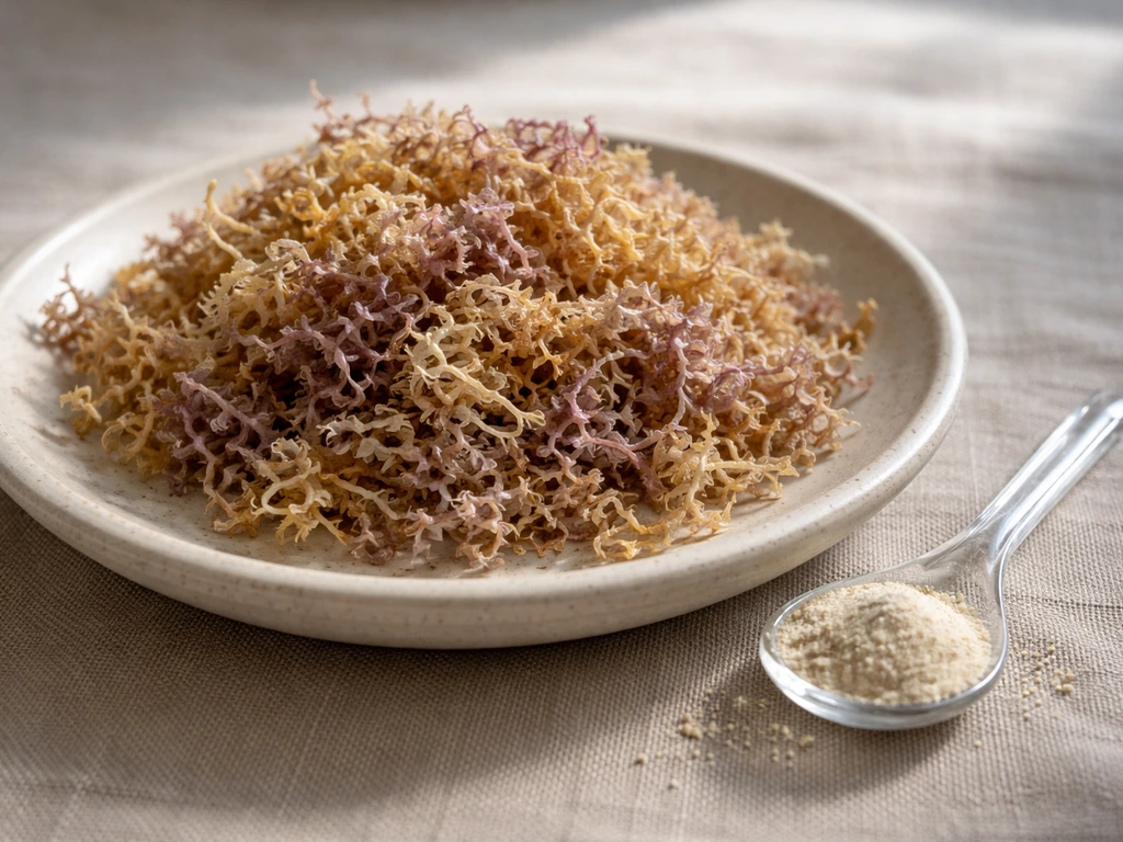 Close-up of dried Irish sea moss flakes with a small spoonful of pale powder on a ceramic dish.