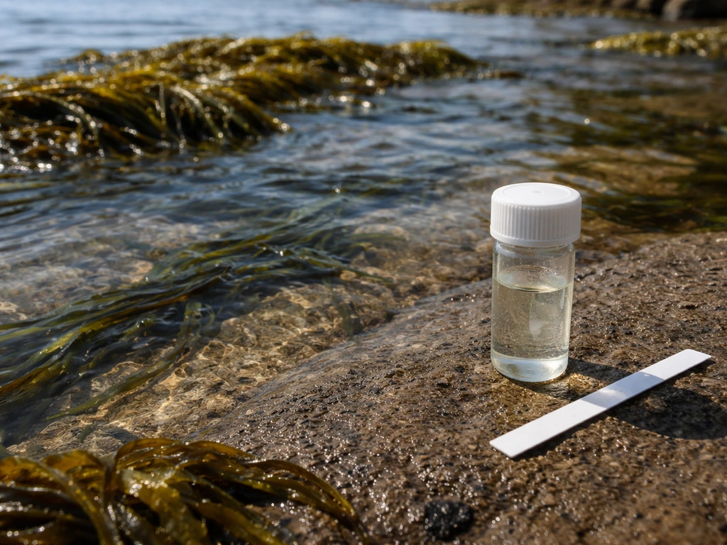 Shallow seawater with seaweed near shore, with an unbranded vial and test strip sampling a seawater sample.
