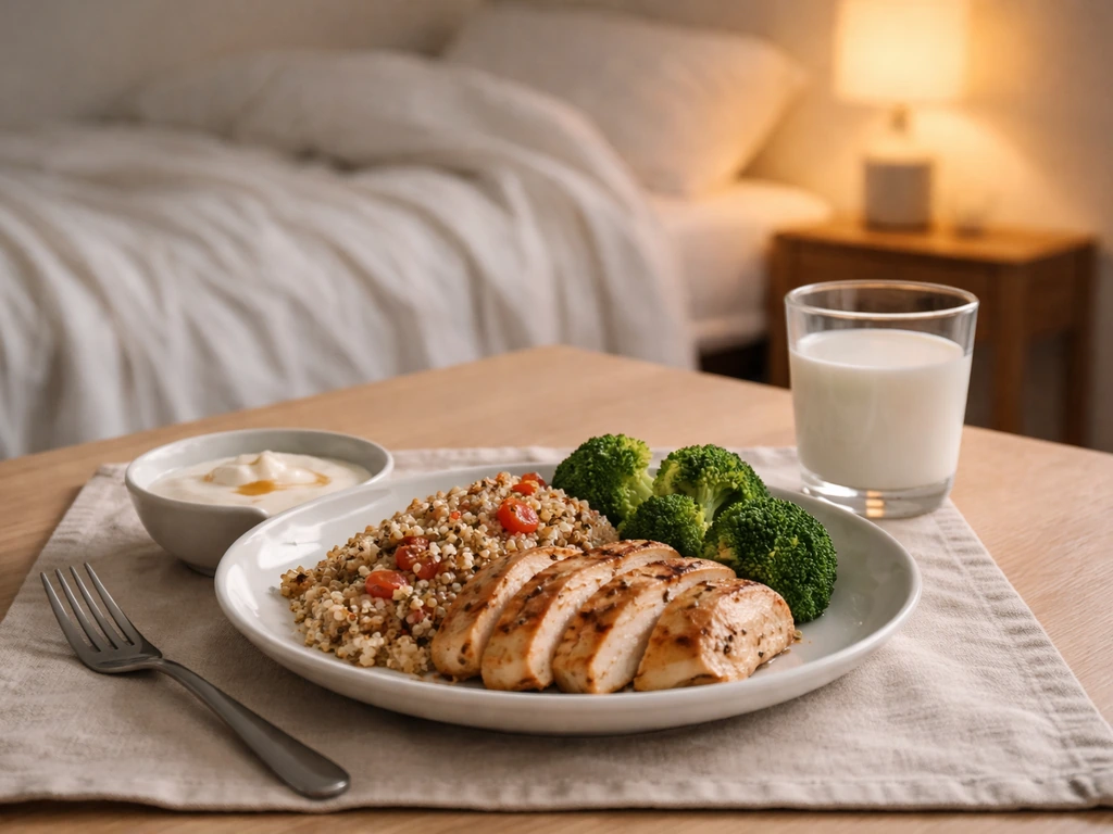 Protein-rich meal plate with milk and a softly lit bedroom sleep setup in the background.