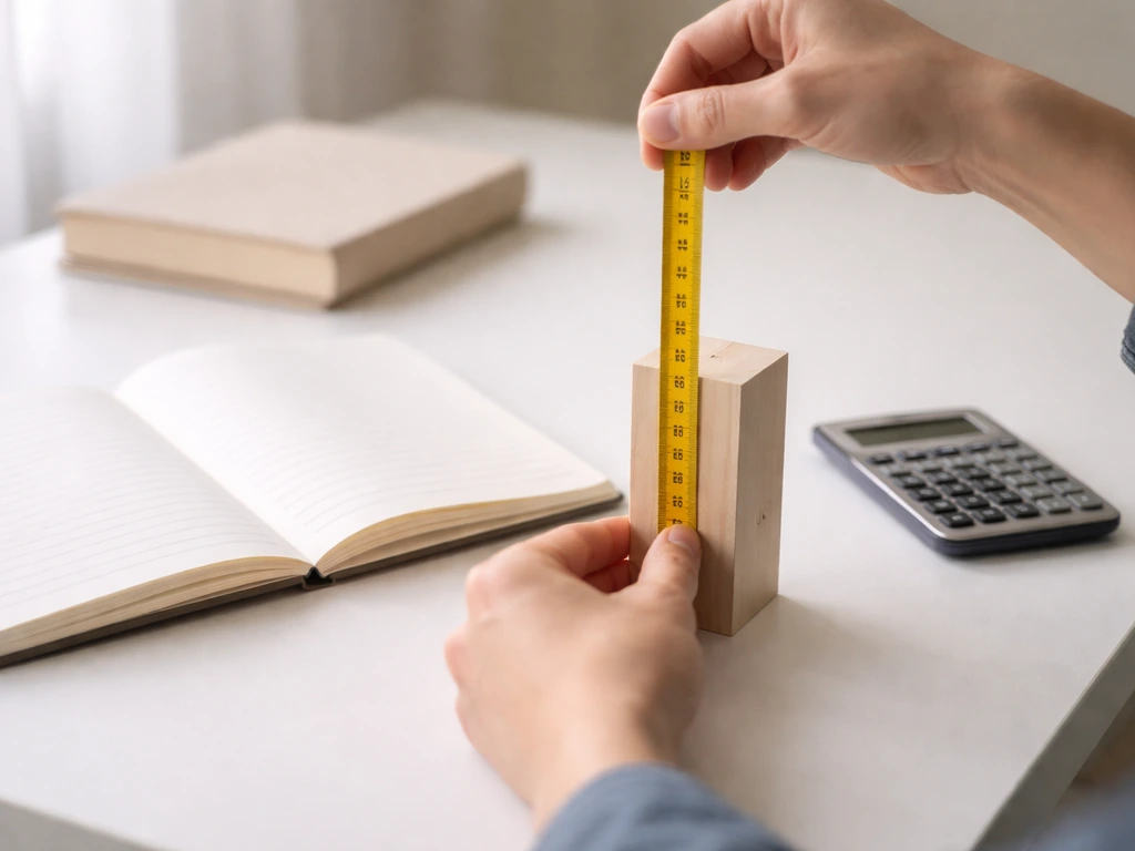 Minimal desk scene with measuring tape, notebook, and a calculator showing a height-estimate workflow