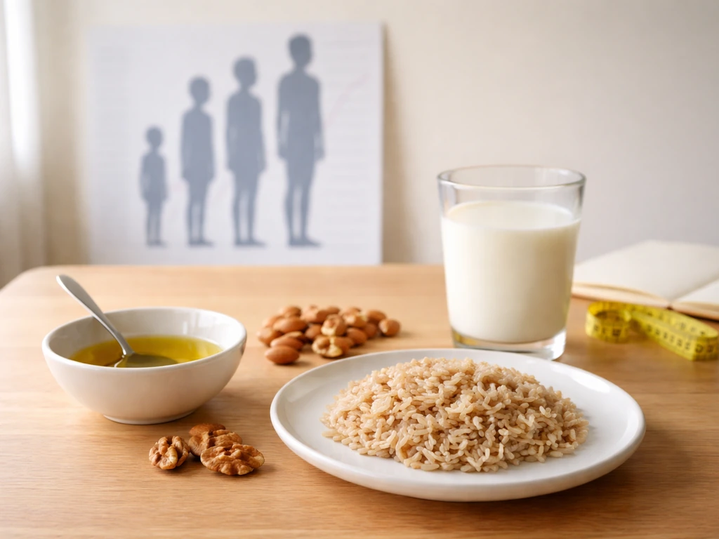 Minimal kitchen tabletop with olive oil, nuts, and milk cues next to a soft growth chart backdrop.