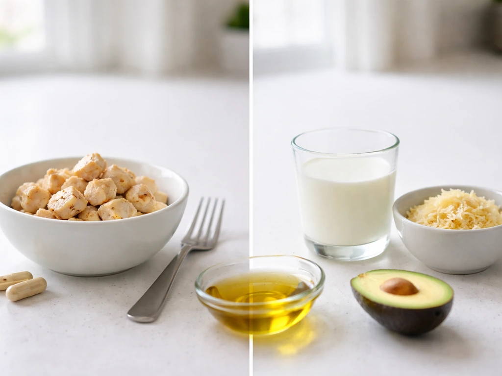 Minimal food-and-nutrients comparison: anonymous meal items and a simple supporting-vs-growth concept scene