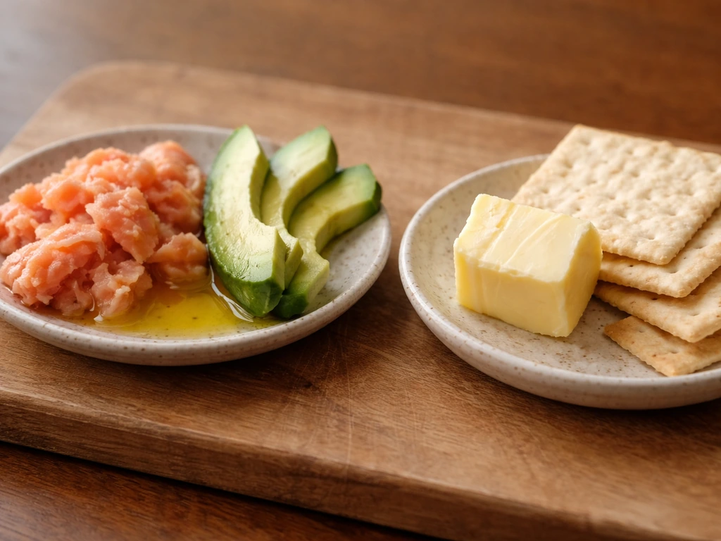 Close-up comparison of salmon, olive oil, avocado versus butter and processed snacks on a wooden board.
