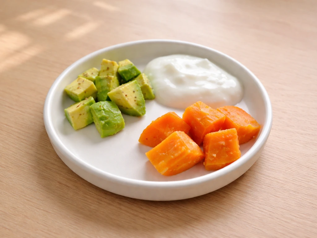 Colorful toddler-friendly meal plate with portion cues for fat and foods like avocado and dairy