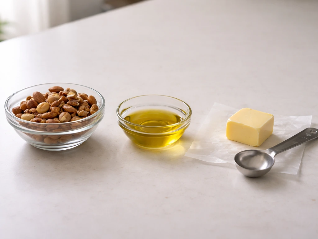 Minimal kitchen counter with a small bowl of nuts, olive oil bottle, and measured butter portion for fat targets