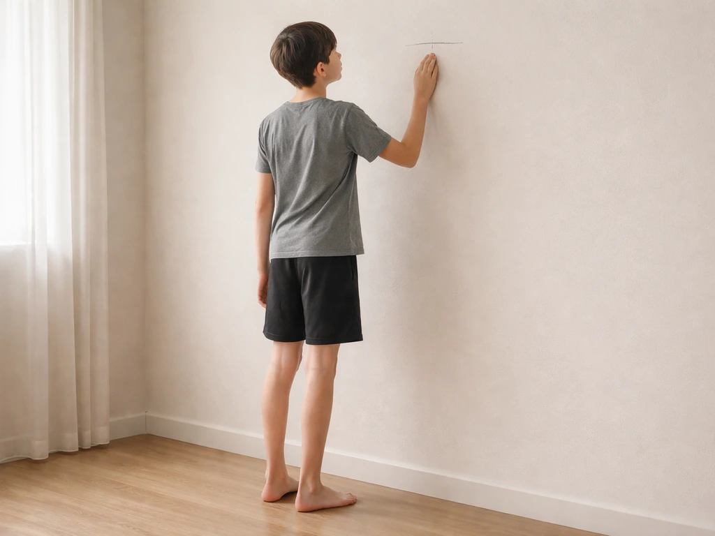 Barefoot person standing next to a height marker on a wall, showing a recent increase in height