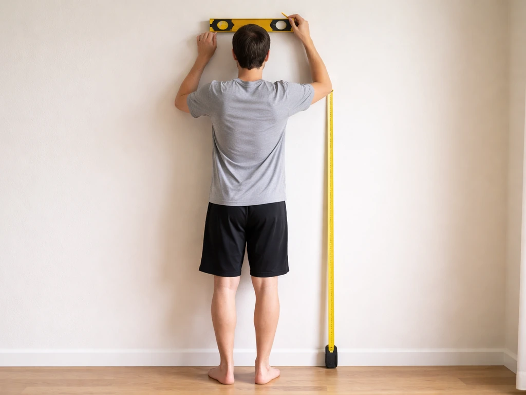 Barefoot person marking head height on a wall with a pencil and level tape measure